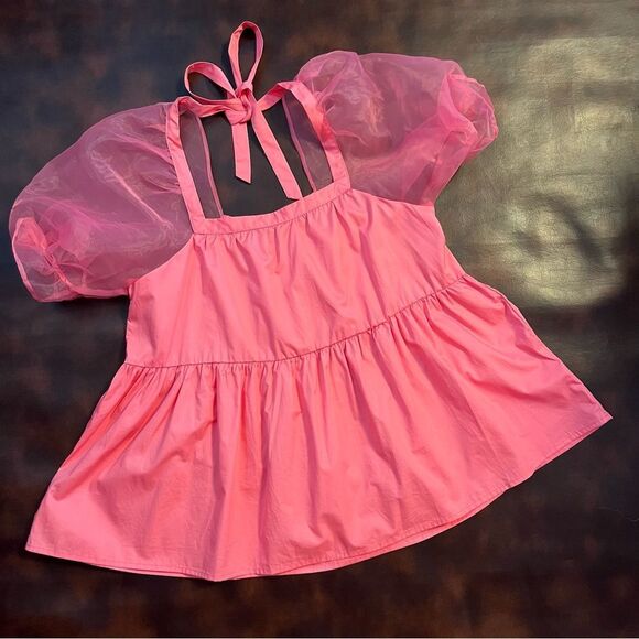 Pomander Place Tuckernuck Tinsley Top Tulle Sheer Puff Sleeve Pink Babydoll Med - Picture 5 of 10